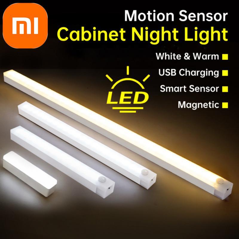 Luz nocturna con Sensor de movimiento, lámpara LED recargable, inalámbrica por USB, 100mm/200mm/300mm/500mm, lámpara blanca cálida, bombillas magnéticas para armario
