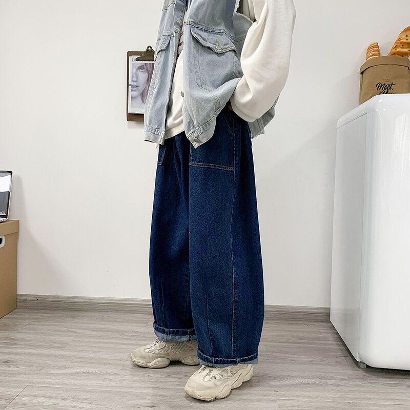 Celana Jin kaki lebar pria, celana Jin longgar Retro biru Jepang santai sederhana bergaya lembut bersaku semua cocok ukuran besar S-3XL warna polos mode baru