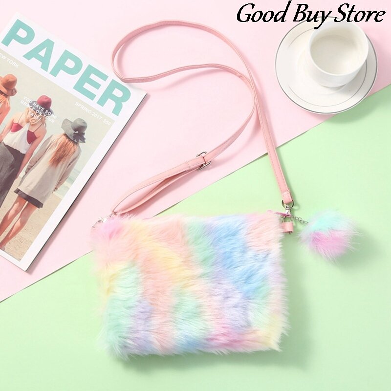 Girls Rainbow Fur Purse Plush Crossbody Bag Children Kids Mini Phone Wallets Colorful Suede Coin Purses Lovely Shoulder Bags