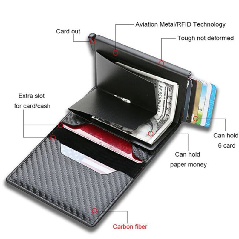 Carteira de couro e fibra de carbono para apple airmasculina, porta-cartão de crédito, slide com proteção rfid, caixa de alumínio