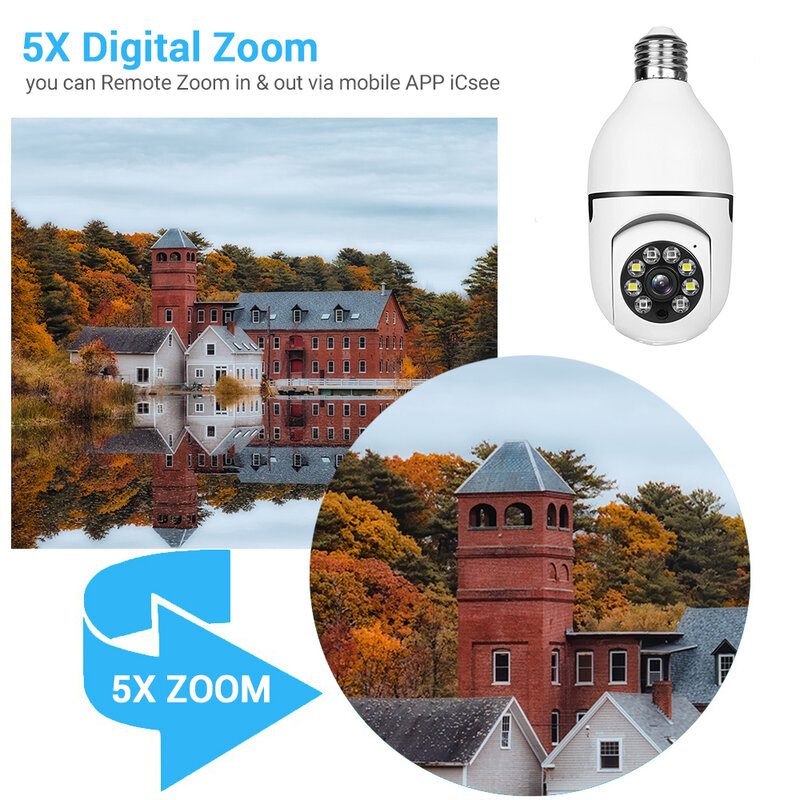 3MP E27 Bulb Surveillance Camera 4X Digital Zoom ICsee Colorful Nightvision Wireless PTZ Wifi Camera 2K Indoor Security Monitor