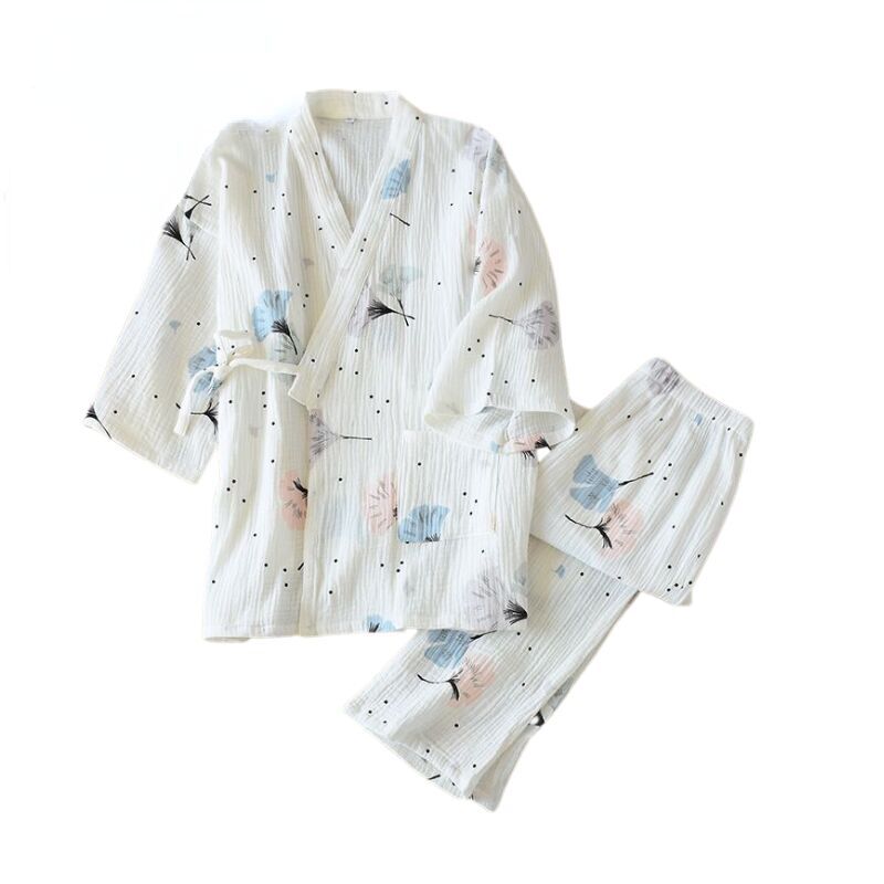 Ladies Pure Cotton Yarn Kimono Pajamas V-Neck Printing Plus Size Pijama Mujer Loungewear Thin Women 2 Piece Sleepwear Trousers