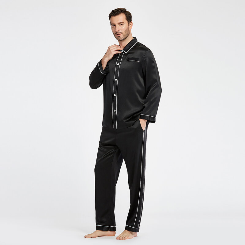 100 Silk Pajamas Set For Men 22 momme Luxury Full Length Long Contrast Trim Men's Clothing Free Shipping