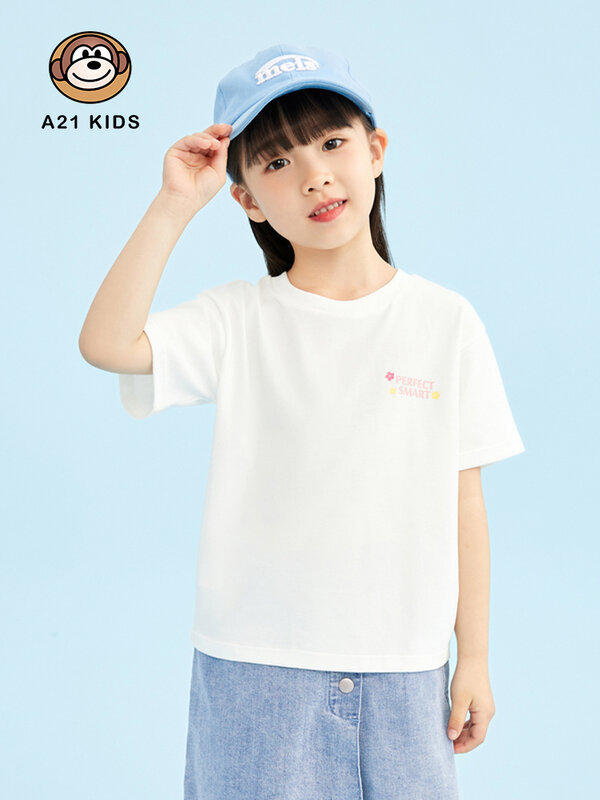 A21 T-Shirt Rajut Anak Perempuan 2022 Atasan Kasual Gambar Cetak Kartun Lengan Pendek Tipis Bahu Drop Leher Bulat Longgar Mode Baru Musim Panas