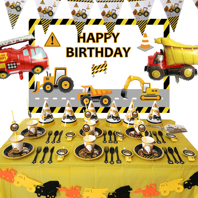 Construction Vehicle Engineering Digging Machine Cake Decoration Kids Boys Happy Birthday Party Tableware Supplies