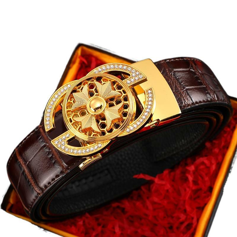 Cinturones de cuero genuino con diamantes de imitación para hombre, cinturón de Metal giratorio de alta calidad, hebilla automática, para negocios