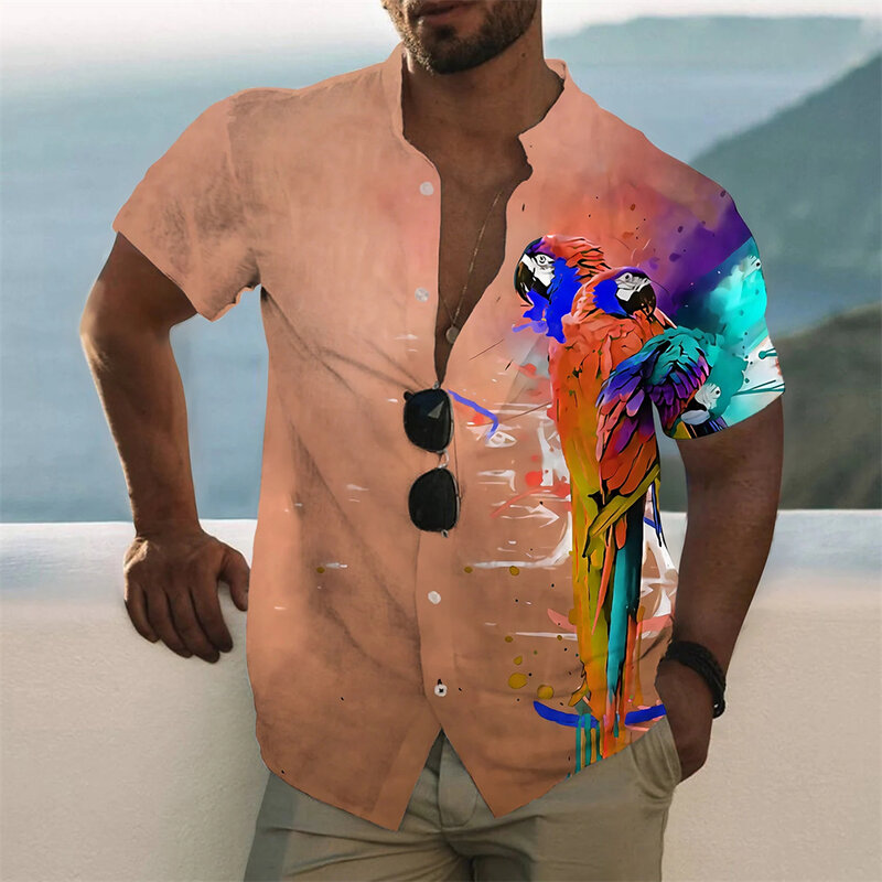 3D 앵무새 프린트 남성 소셜 셔츠 하와이안 비치 홀리데이 반팔 옷깃 오버사이즈 탑 남성 의류 캐주얼 Camisa Masculina