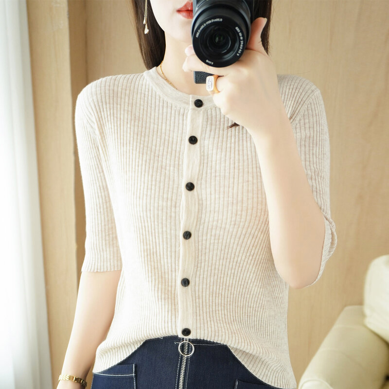 2022 Summer New Knitted Cardigan Women's Round Neck Short-Sleeved Thin Section With Solid Color Simple Temperament Jacket Trendy