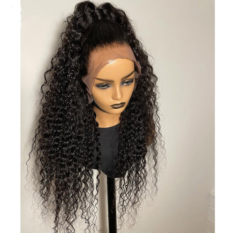 26 Polegada longo kinky encaracolado natural macio peruca dianteira do laço para preto mulher 180% densidade preplucked resistente ao calor do cabelo da fibra uso diário