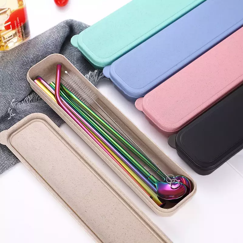7pcs/set 304 Stainless Steel Straw Set Creative Portable Box Household Environmental Protection Drinking Straw Spoon with Brush