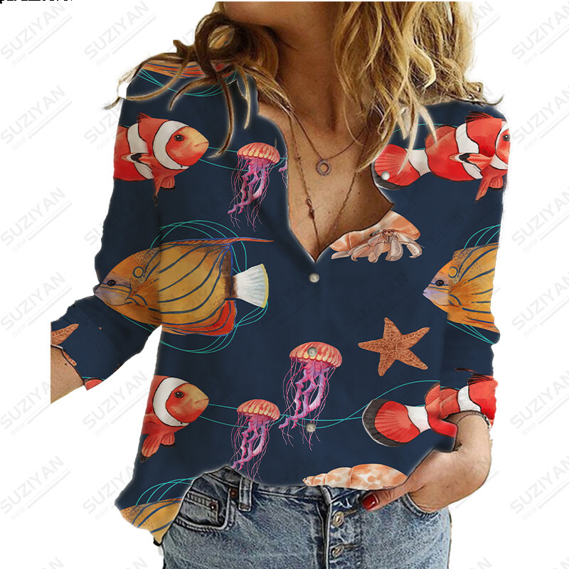 Camicia da donna Kawaii Girls' Ocean Animal Print Shirt Top donna Y2k abbigliamento camicia a maniche lunghe Holiday Pullover