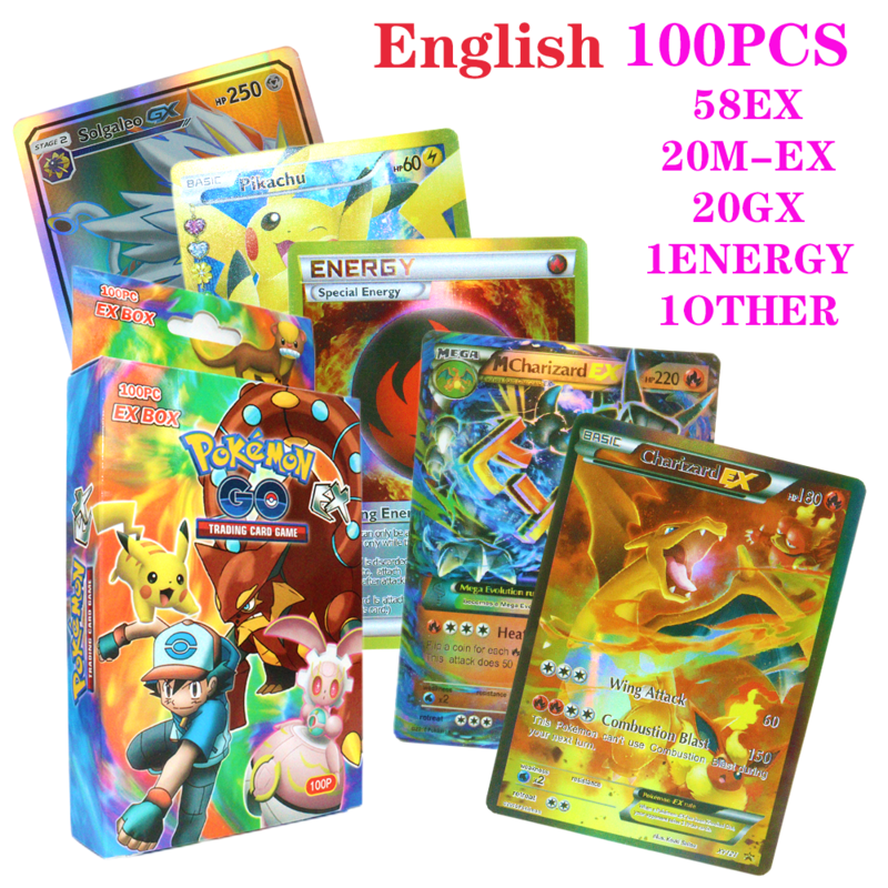 Cartes Pokemon en papier, 100 pièces, anglais français espagnol, Pikachu Charizard Mewtwo Vmax Tag Team MEGA Anime, Collection de loisirs