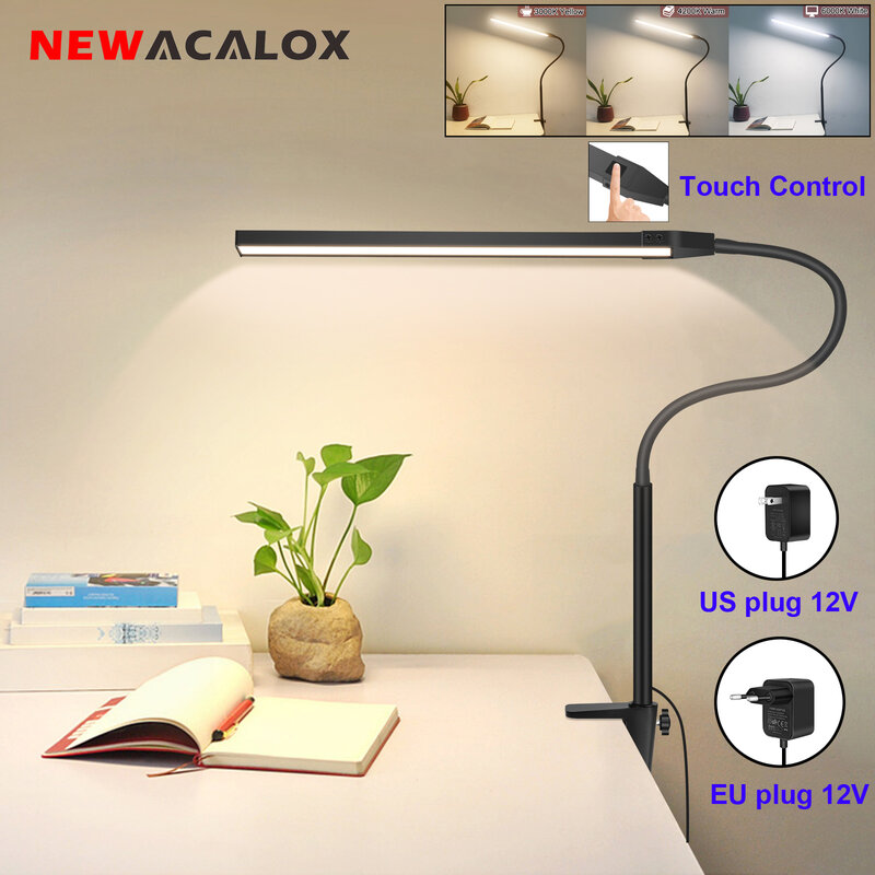 NEWACALOX LED Desk Lamp with Clamp 360° Adjustable Gooseneck 12W Eye-Caring Tabl Light 3 Color Modes 10 Brightness Levels Memory