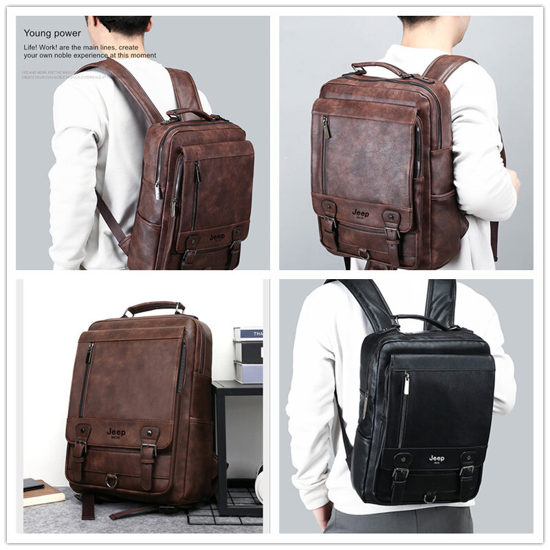 JEEP BULUO – sac à dos en cuir pour hommes, sacoche pour ordinateur portable 15.6 pouces, sac de jour de grande capacité, sac de voyage et d'école