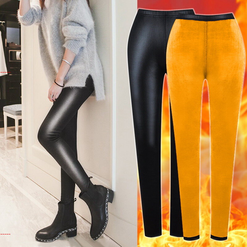 Warm Pu Leggings Women Leather Pantalones High Waist Thermal Tights Stretchy Pants Winter Fleece Lined Black Trousers Jeggings