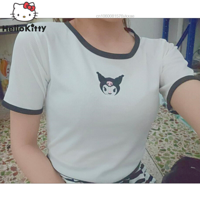 Sanrio seksowna dziewczyna lato śliczne Kuromi krótki T-shirt moda wszechstronny słodki krótki rękaw Top dla Y2k kobiety Famale estetyczne koszulki