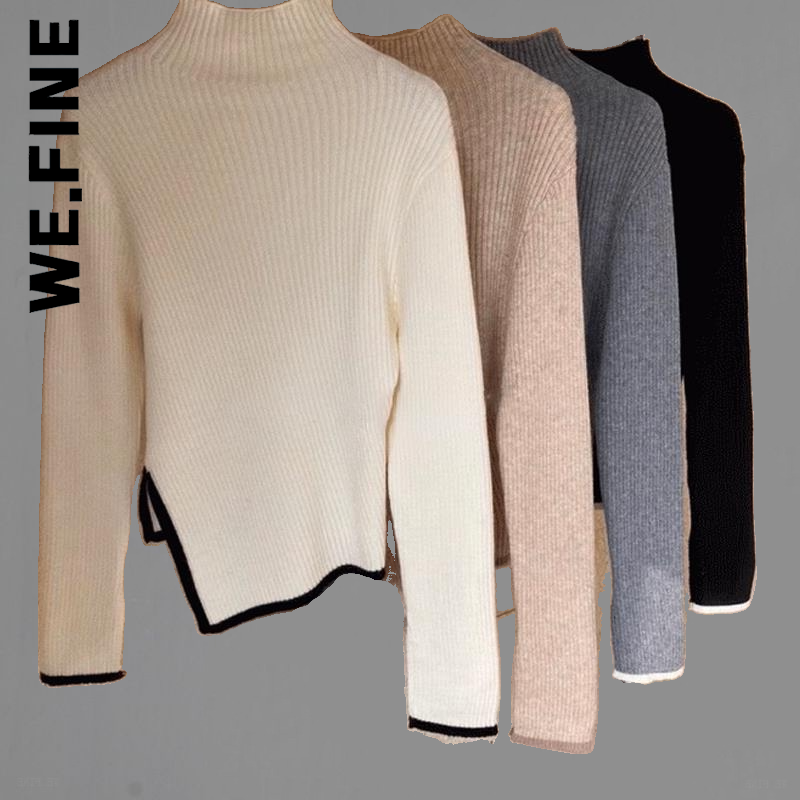 We.Fine-패션 니트 스웨터, 긴 플레어 슬리브 터틀넥, 여성 스웨터, 가을/겨울 신상품, 사이드 슬릿 풀오버 상의, 한국 기본 상품
