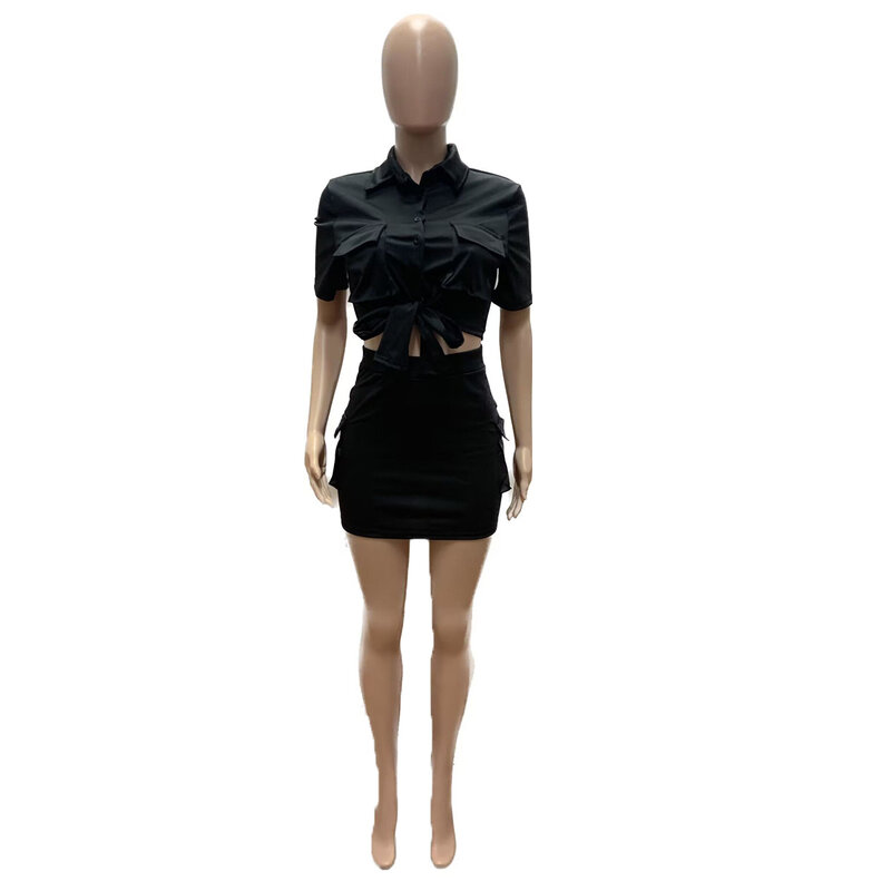 Conjunto de 2 piezas para mujer, traje de camisa de manga corta y falda Midi con bolsillo lateral, vestido de moda estilo Safari, 2023