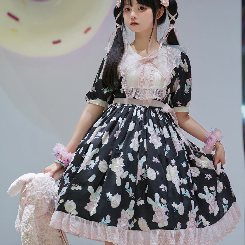 Japanse Kawaii Gothic Lolita Jurk Mooie Tulp Konijn Afdrukken Vrouwen Boog Korte Mouwen Jurk Meisjes Elegante Prinses Partij Jurken