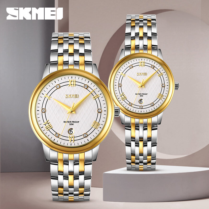 SKMEI-relojes de cupón para mujer y hombre, pulsera de vestir de acero a la moda, reloj de cuarzo con pantalla de calendario, regalo Original