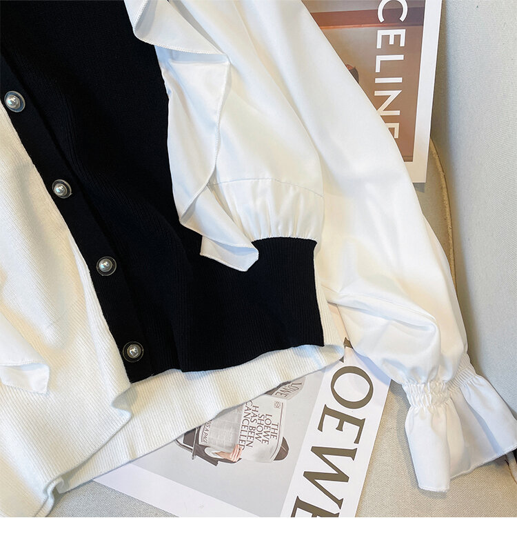 Autunno inverno nuovo Design manica lunga camicia a contrasto di colore arruffato scollo a v allentato cuciture a maglia top Cardigan moda donna