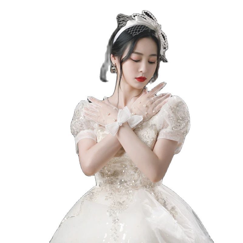 Женские тюлевые сетчатые перчатки, свадебные белые перчатки на запястье с большим бантом и жемчугом, свадебные перчатки, аксессуары для косплея
