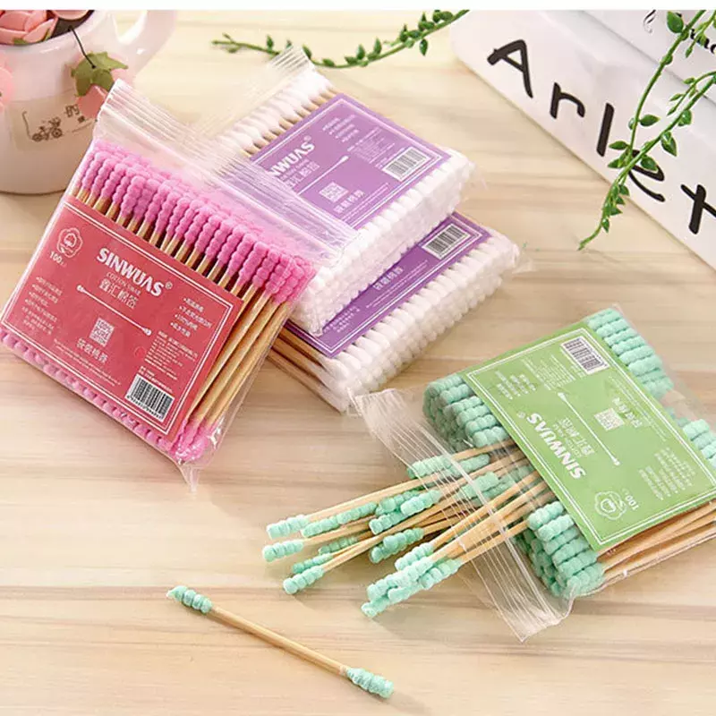 100pcs/ Pack Double Head Cotton Swab Women Makeup Cotton Buds Tip For Medical Wood Sticks Nose Ears Cleaning Health Care Tools