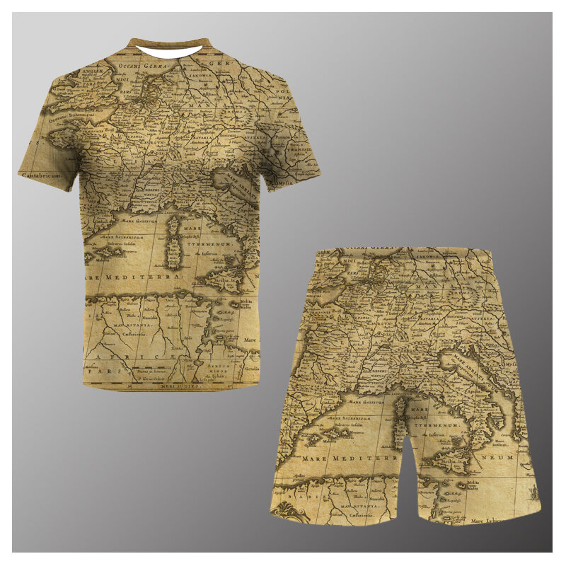 Men T Shirt Set Map 3D Print Tracksuit 2-Piece Suit for Summer Oversized Men's Clothing Harajuku Beach Shorts Sets Streetwear