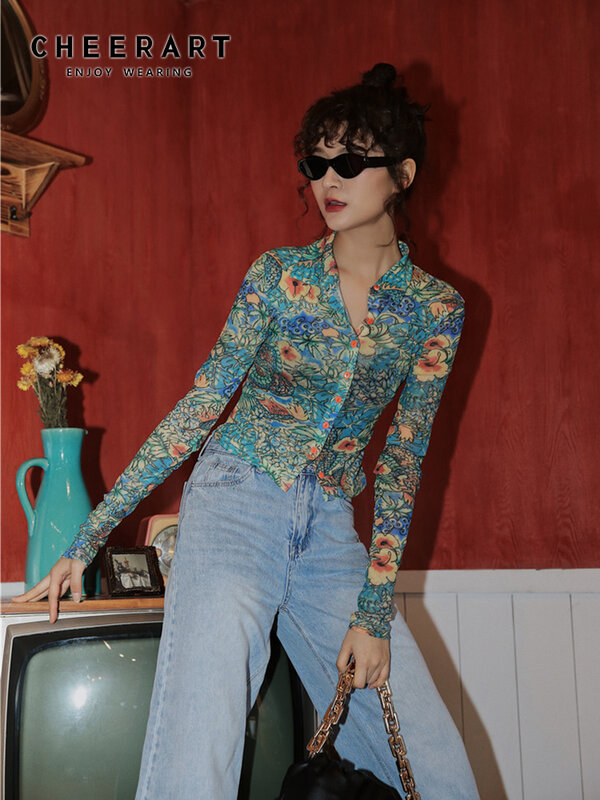 CHEERART-여성용 메쉬 드래곤 프린트 셔츠, 긴 소매 상의 버튼 업 시스루 상의, 패션 디자이너 의류, 2020 가을