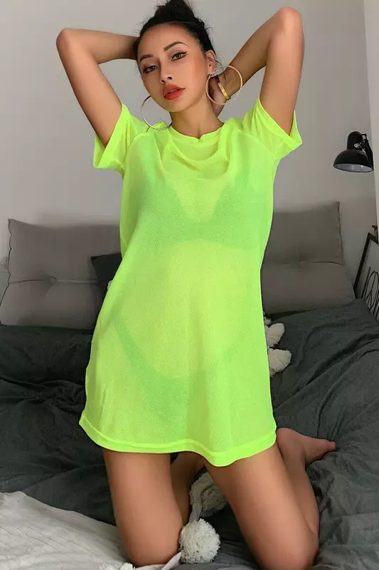 2019 Summer Women's Sheer Mesh See Though Neon Green Bikini Cover Up Swimwear Swimsuit Bathing Summer Beach Dress Outfit