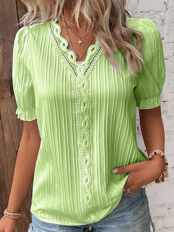 Summer Fashion New Holiday Fashion Women's Top Lace V-neck Hollow Short Sleeve Women's Solid Color Shirt