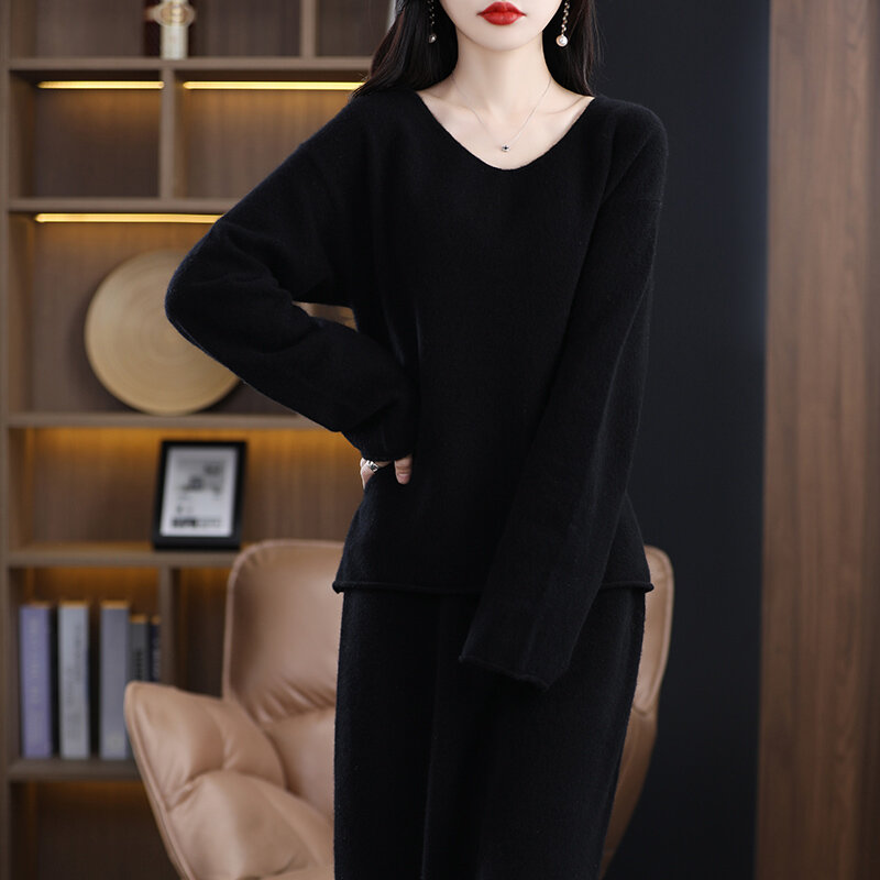 Suéter holgado de lana 100% pura para mujer, Jersey largo con cuello en V y falda de punto fino, novedad de primavera