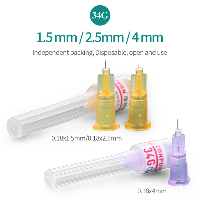 Petite aiguille jetable sans douleur 34g1.5/4mm, pour les cosmétiques, réglage fin, chirurgie, aiguille légère à eau pour Injection, aiguille stérile