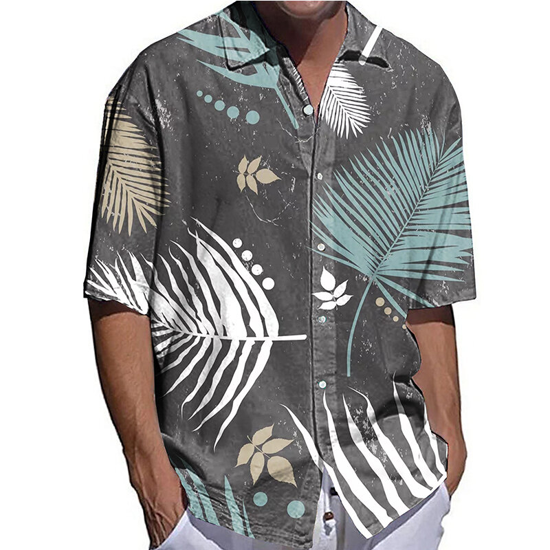 Camisas de moda para hombre, camisa informal de gran tamaño con estampado de hojas, Tops de media manga, blusas de cárdigan transpirables hawaianas de alta gama