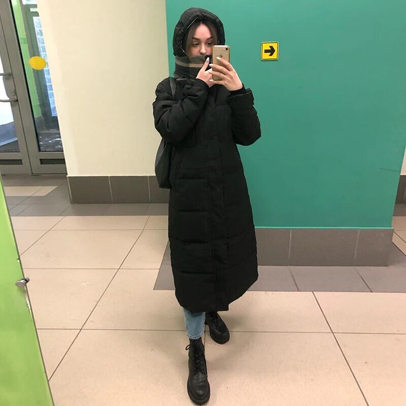 Lange Donsjack Vrouwen Jas Winter 2022 Nieuwe Koreaanse Oversized Dikke Warm Hooded Parka Vrouwen Zwart Wit Katoen Jassen