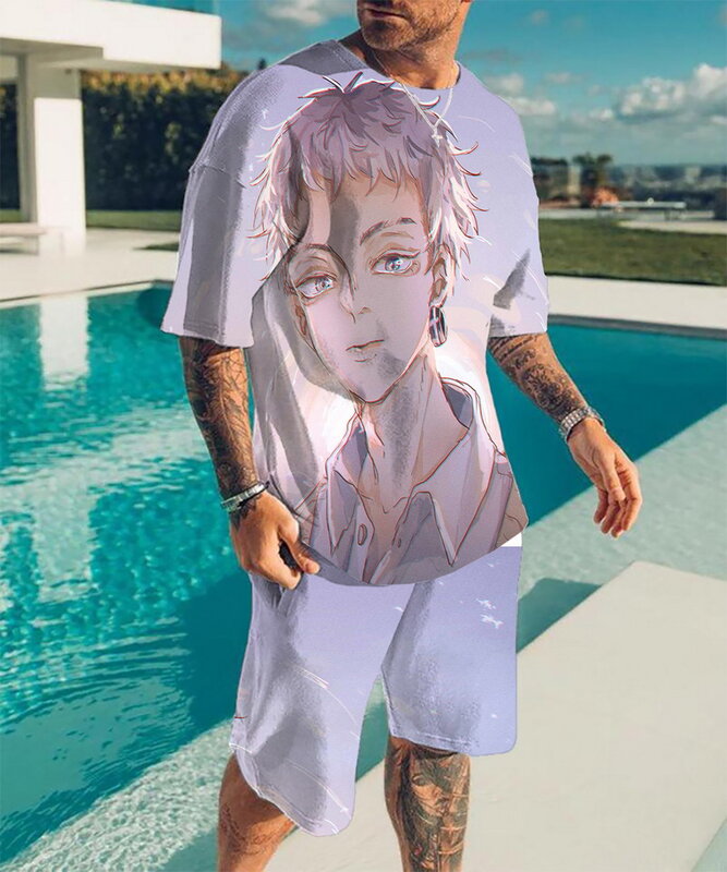 Roupa de verão masculina anime impresso manga curta camiseta outfit casual 2 peça rua moda shorts roupas masculinas