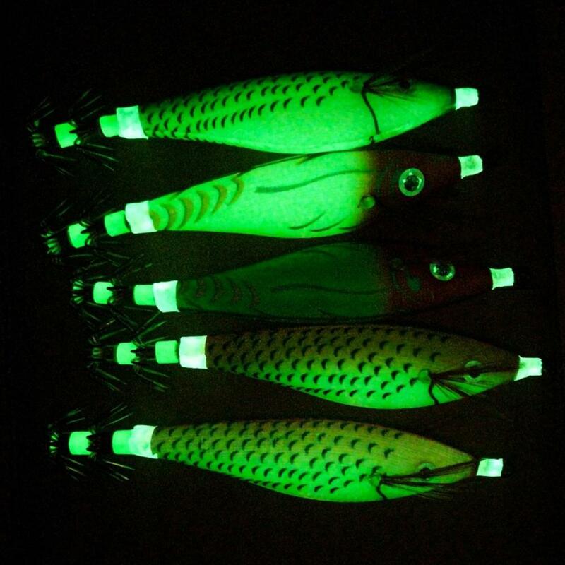 Anzuelo de calamar de madera de simulación luminosa de 8cm con cuentas de llamada señuelos de pesca de camarones de madera luminosa