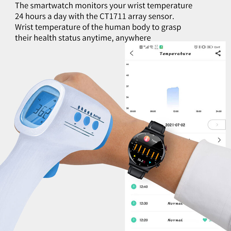Rolstimi – montre connectée HD 360x360 pour hommes, étanche, avec température corporelle, pression artérielle, fréquence cardiaque, ECG + PPG, chargeur sans fil
