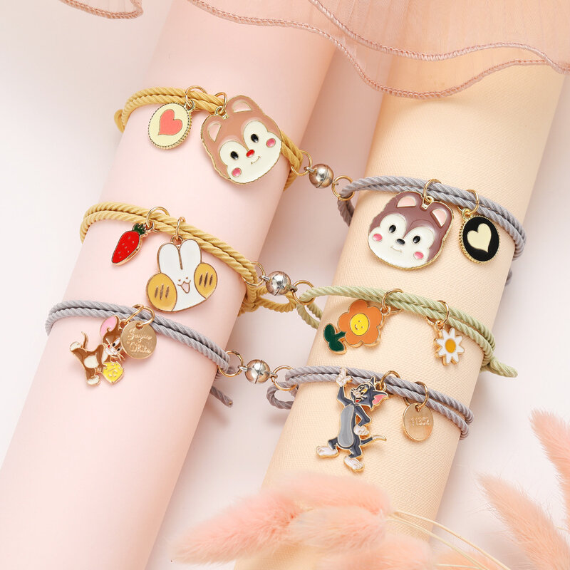 2pcs Cute Cartoon Couple Bracelet set Magnet Ball Hand Men and Women Gift Friendship Charms Elastic Rope Jewelry 11 Style