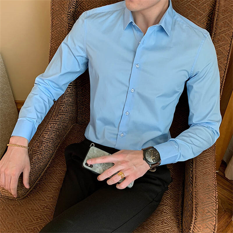 2023 New fashion long-sleeved shirt solid conventional suitable for male casual business white black dress shirt S-5XL