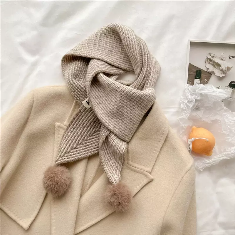 女性のための暖かくて柔らかいニットのスカーフ,ニット,小さな襟,ボール付き,女性のためのスカーフ,パフフダのラップ,2022