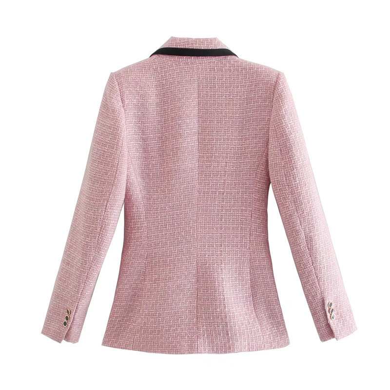 Women Elegant Pink Texture Double Breasted Tweed Blazer Long Sleeve Pockets Coats Female Fashion Streetwear Tops
