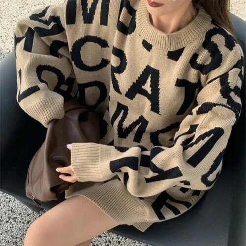 Sweater Rajutan Wanita Sweater Uniseks Ulzzang BF Gambar Cetak Huruf Vintage Pullover Besar Sweater Streetwear Musim Dingin Pullover