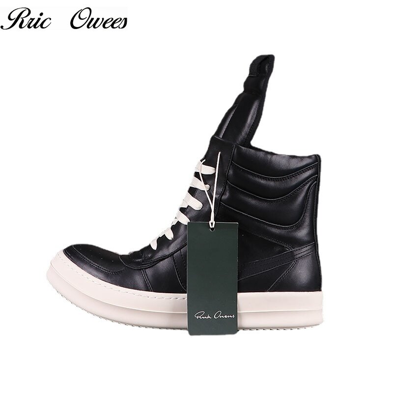 Rric Owees Men's Women's Leather Shoes High-quality Sneakers Inverted Triangle High-top Shoes Thick-soled Couple Short Boots B8