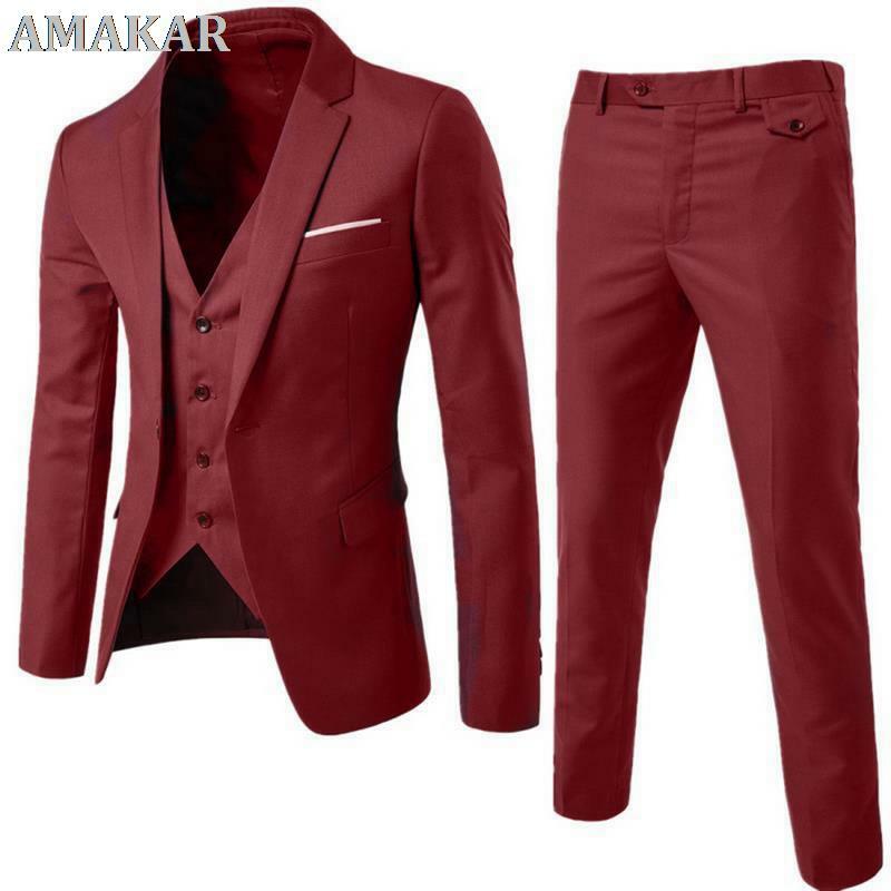 Setelan Blazer + Rompi + Celana Bisnis Pria Modis Musim Gugur Set Pernikahan Ramping Solid Blazer Klasik Pria 3 Buah