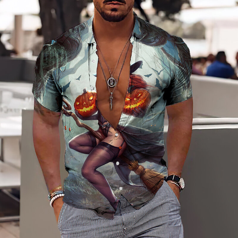 Kaus Hawaii Kaus Cetak Hallowmas 3d Musim Panas Pria untuk Pria Liburan Lengan Pendek Atasan Pantai Kaus Pria Blus Besar