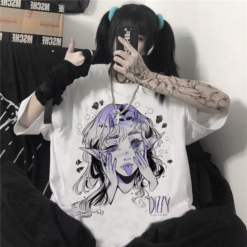 T-shirt w za dużym rozmiarze Goth z krótkim rękawem Top koszulka damska Kawaii panie odzież męska koszulki Harajuku muzyka dziewczyna druku czarny Crop