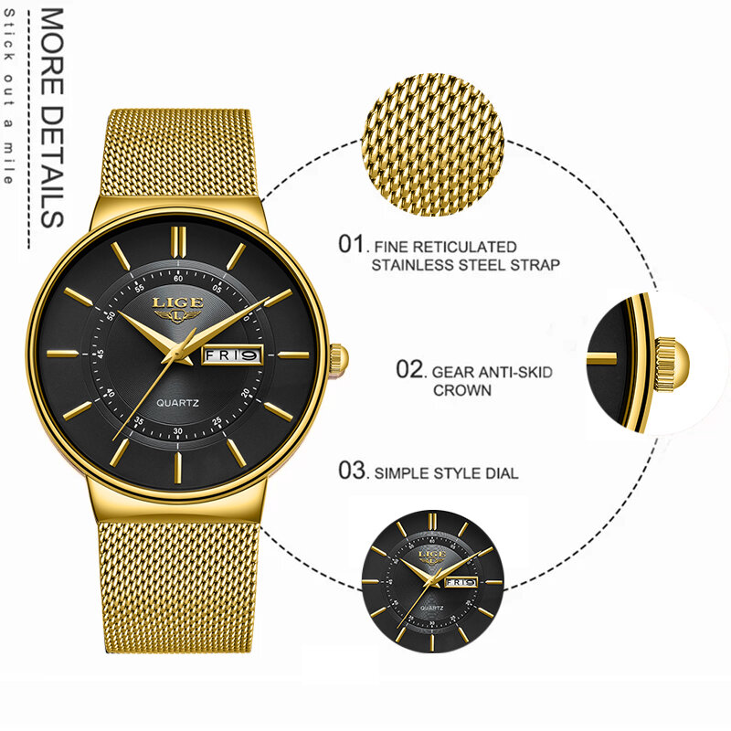 LIGE Luxury กันน้ำ Ultra Thin นาฬิกาวันที่สายคล้องคอผู้ชาย Casual Quartz นาฬิกาข้อมือนาฬิกาผู้ชาย Reloj hombre
