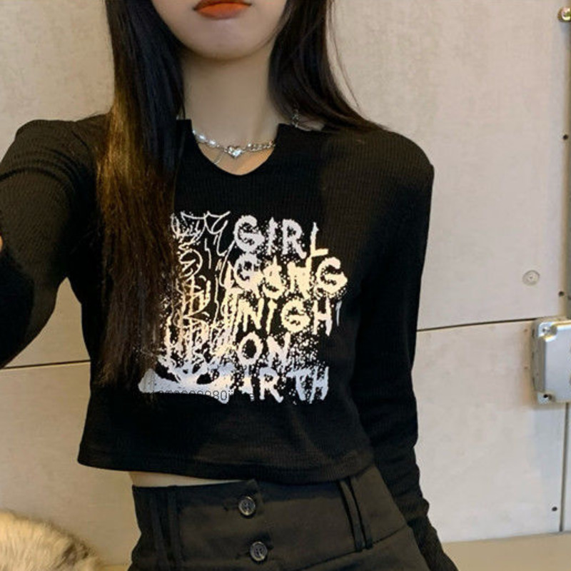 Harajuku Streetwear długi rękaw T koszula kobiety moda jesień Sexy krótkie krótkie bluzki Y2k dziewczyna szczupła cienka koszula z dołem koreański styl