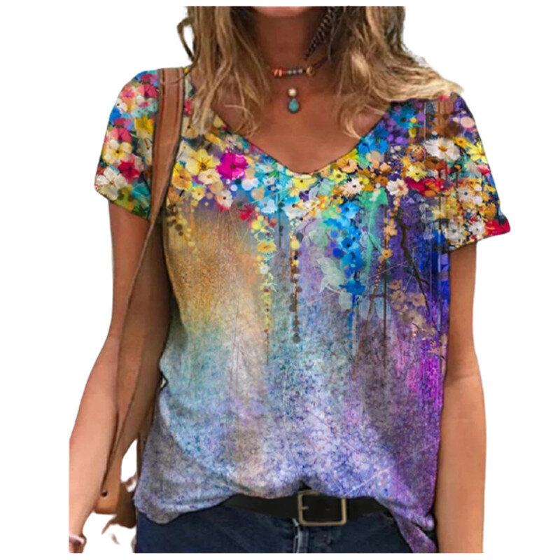 Camiseta con estampado Floral para mujer, Jersey de manga corta con cuello en V, Top cómodo de calle, talla holgada, de algodón, 2022